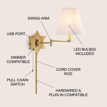 David 18.5" Modern French Country Swing Arm Plug-In or Hardwired Iron LED Star Wall Sconce with Pull-Chain and USB Charging Port - JONATHAN Y